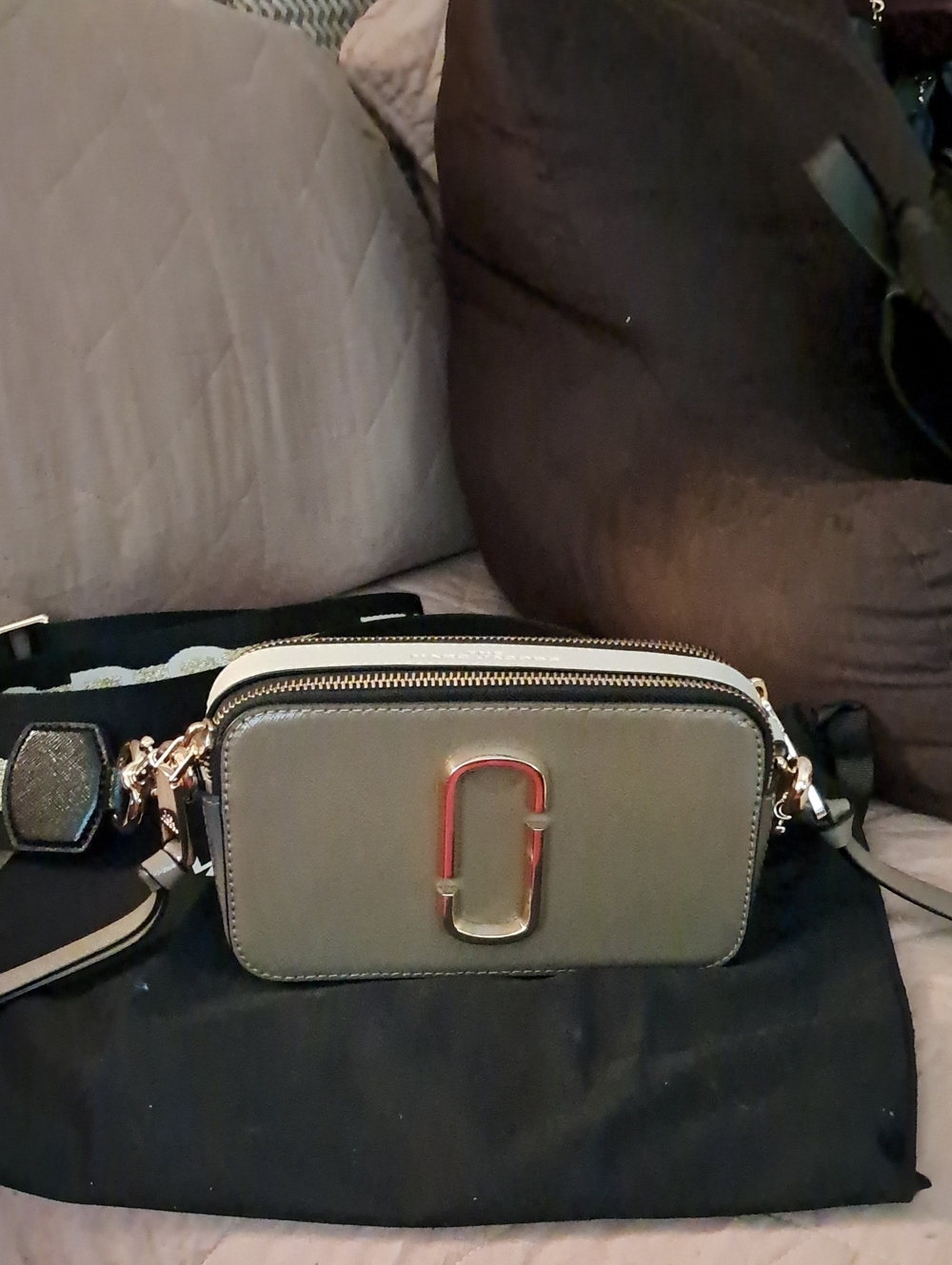 Marc Jacobs Tan and Cream Snapshot Double-Zip Crossbody Bag with Gold Hardware